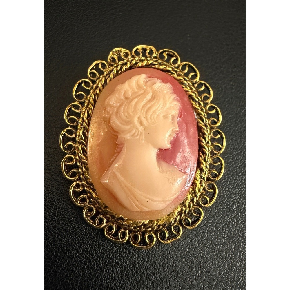 Vintage Cameo Brooch Victorian Revival Resin Gold Tone Portrait Pin